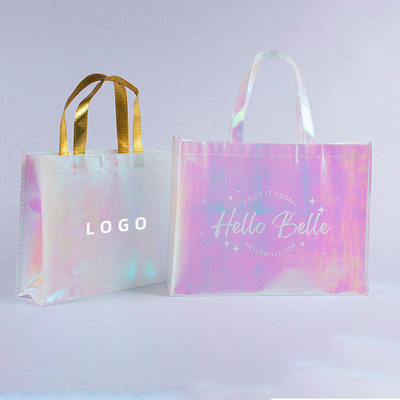 Exhibición Logotipo personalizado Bolso de Tote Iridescente Rosa Holográfico No Tejido para Regalo de Boda