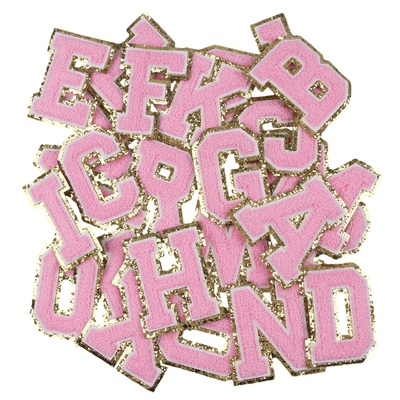 Oro rosa Frontera de hierro en la reparación de adhesivos Alfabeto Aplicaciones de costura con tejido Twill 3D