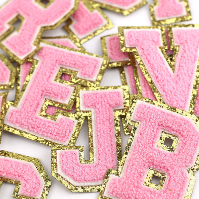 Oro rosa Frontera de hierro en la reparación de adhesivos Alfabeto Aplicaciones de costura con tejido Twill 3D