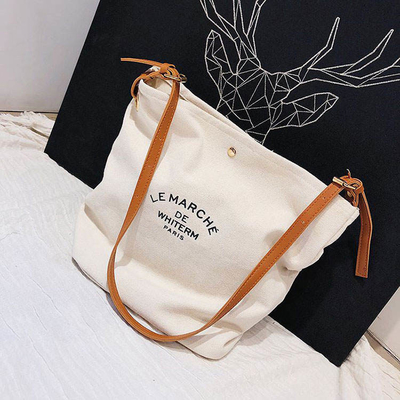 Supermercado Logotipo personalizado de algodón de lienzo Tote Bolsas de hombro con mangos de cuero marrón