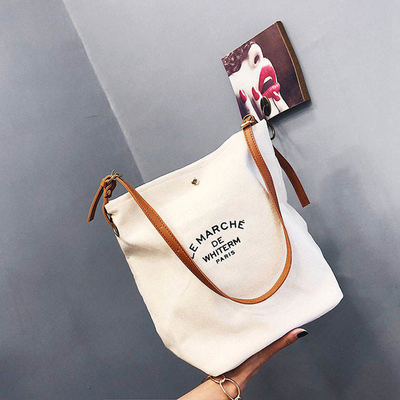 Supermercado Logotipo personalizado de algodón de lienzo Tote Bolsas de hombro con mangos de cuero marrón