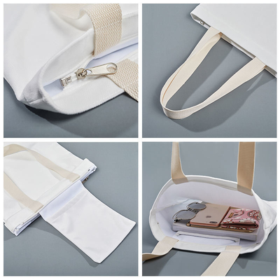 Tiendas de comestibles Logotipo personalizado Impreso reciclable Plano de algodón orgánico lienzo Tote Bolsas de compras con cremallera