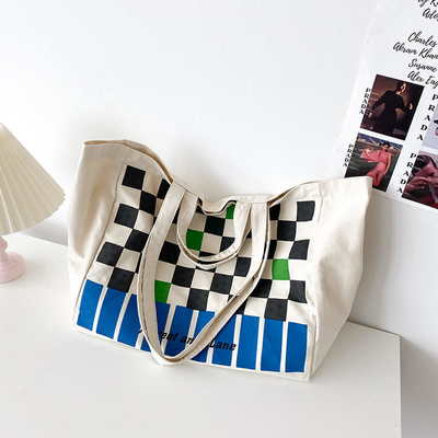 Logotipo personalizado Bolsa de lienzo de tablero de ajedrez de uso pesado para compras de contraste de color de moda
