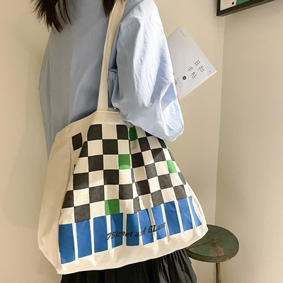 Logotipo personalizado Bolsa de lienzo de tablero de ajedrez de uso pesado para compras de contraste de color de moda