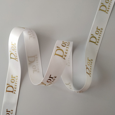 Aceptado OEM Personalizado de papel de oro Impreso 3D Logotipo de poliéster cinta de satén para envoltura de regalos