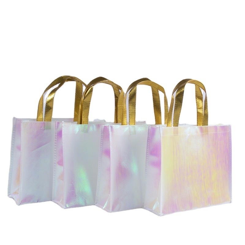 Exhibición Logotipo personalizado Bolso de Tote Iridescente Rosa Holográfico No Tejido para Regalo de Boda