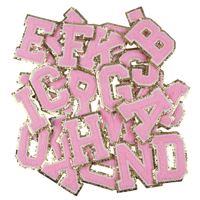 Oro rosa Frontera de hierro en la reparación de adhesivos Alfabeto Aplicaciones de costura con tejido Twill 3D