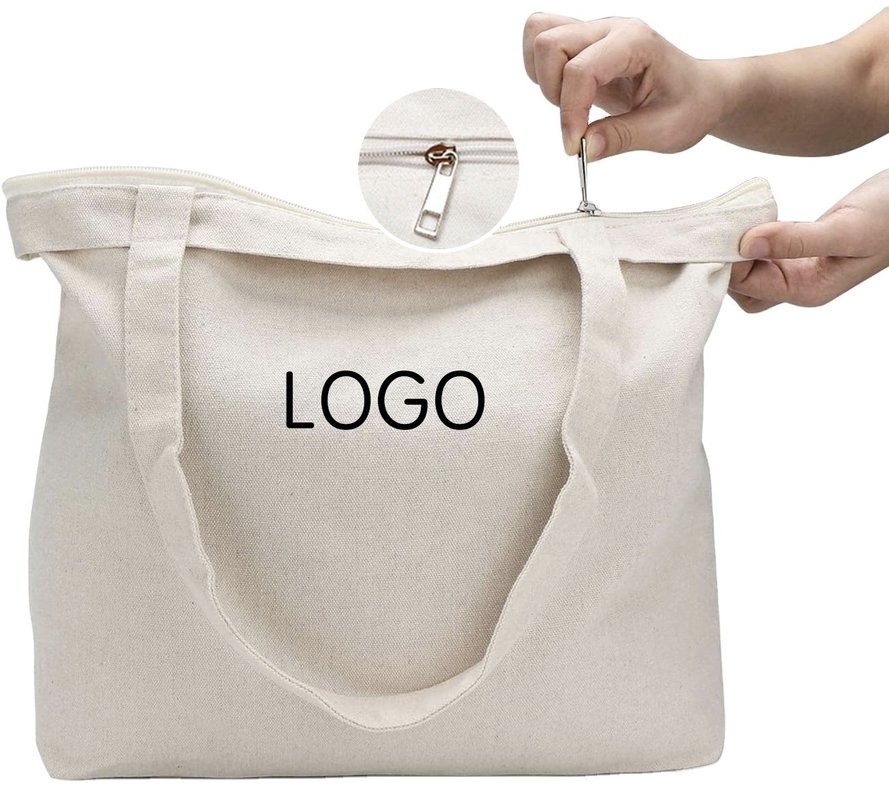 Tiendas de comestibles Logotipo personalizado Impreso reciclable Plano de algodón orgánico lienzo Tote Bolsas de compras con cremallera