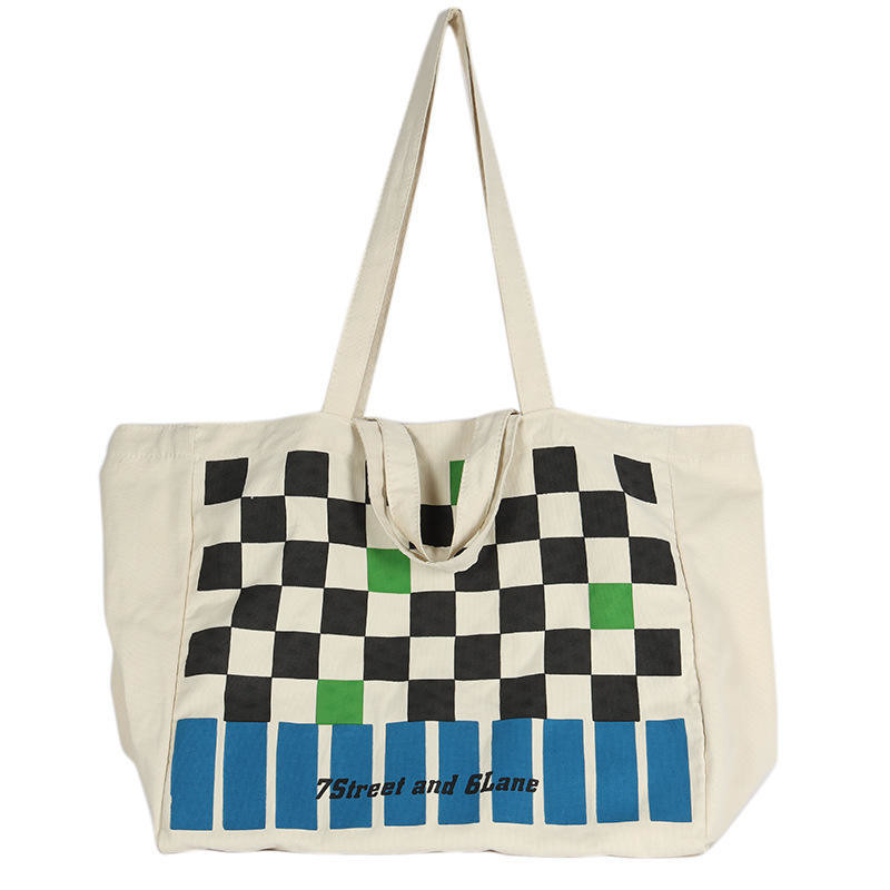 Logotipo personalizado Bolsa de lienzo de tablero de ajedrez de uso pesado para compras de contraste de color de moda